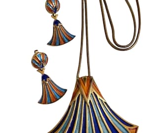 1960s Trifari Egyptian Revival Necklace & Clip-on Earring Set