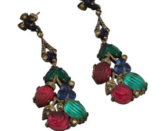 Vintage Rare 935 Sterling Silver Glass Fruit Salad Dangle Earrings (A9010)