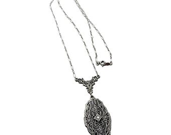 Signed Vintage Sterling Art Deco Style Pendant Necklace (A1587)