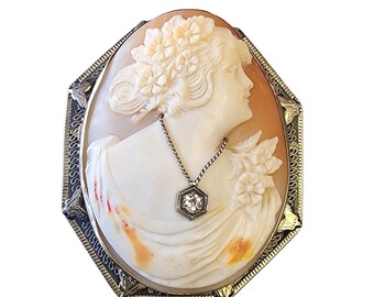Antique 14kt Diamond Wonderfully Carved Cameo Pendant Brooch (A2931)
