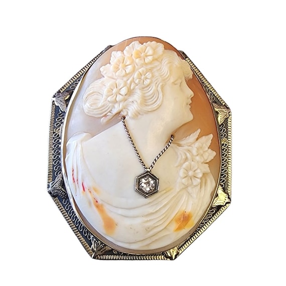 Antique 14kt Diamond Wonderfully Carved Cameo Pend