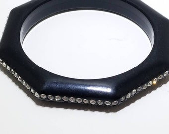 Vintage 80s Octagon Lucite Black or tortoise tone rhinestone bangle