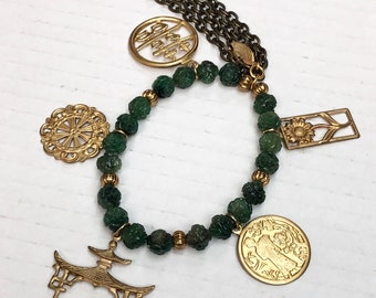 Green Koi Fish Golden Charm Chain Tassel Stretch Bracelet