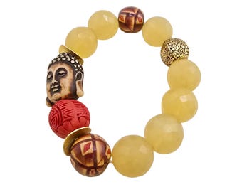 Vintage NOS Bee Charming Buddha Wood & Semi Precious Beaded Stretch Bracelet (A9212)