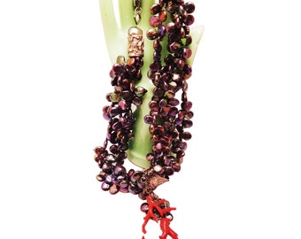 Vintage Artisan Designer 80s Huge Peacock Pearl Coral & Sterling Necklace A2624