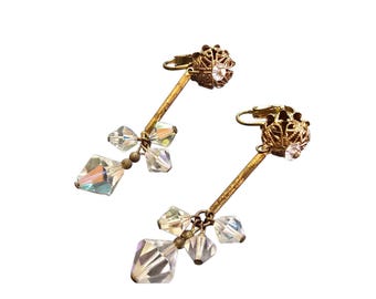 Vintage Crystal and Brass Dangling Shoulder Duster Earrings (A9307)