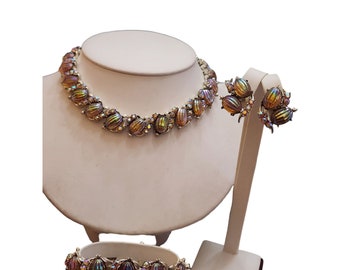 Vintage Signed Coro Rare Ab Glass Melon Rhinestone Parure (A3908)