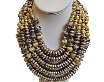 Vintage Gold Silver Tone 5-Strand Heavy Full Necklace (A9429)