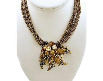 Unsigned Attributed To Haskell Russian Gilt Gold Leaves And Rhinestone Necklace