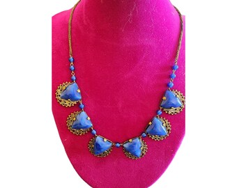 Antique Signed Czechoslovakia Lapis Glass & Brass Necklace (A2740)