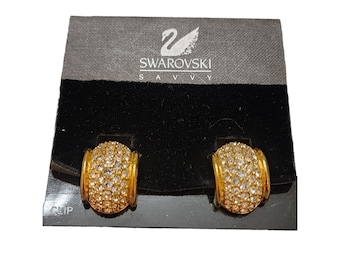 Vintage Signed Swarovski Rhinestone Encrusted Huggie Clip Earrings (A4459)