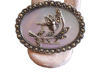 Vintage Sterling Marcasite & Abalone Shell Brooch (A1754)