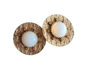 Vintage 80s Glass & Basketweave Clip Earrings (A4263)