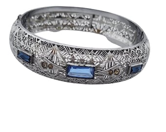 Antique Edwardian Curved Elaborate Filigree Rhodium Plate Bangle Marked CT