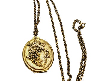 Vintage Art Nouveau Brass Locket Necklace w/ Pictures (A1322)