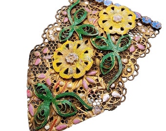 Vintage Spectacular Enameled Brass Filigree Dress Clip (A1971)