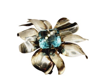 Vintage Signed Sterling Glass Stone Flower Brooch (A567)
