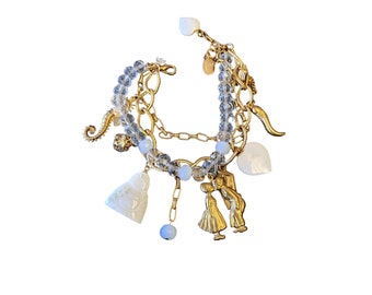 Vintage Bee Charming NOS Semi Precious Crystal & Chain Charm Bracelet (A2769)