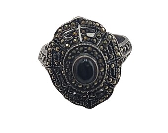 Vintage Sterling And Marcasite Onyx Art Deco Ring Sz 6.25 (A6165)