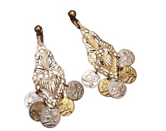 Vintage Jingly Coin Dangle Clip Earrings (A4006)
