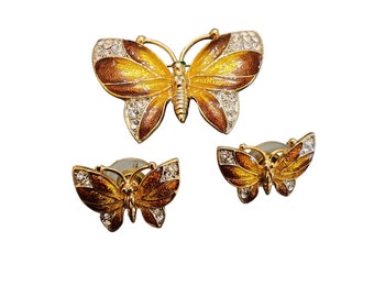Vintage U/S Enamel Rhinestone Butterfly Brooch Earrings Set (A2105)