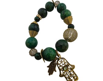 Vintage NOS Bee Charming Malachite & Hamsa Beaded Stretch Bracelet (A9218)