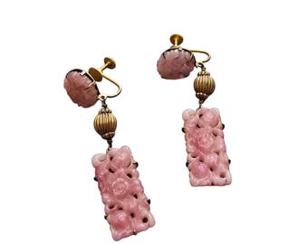 Antique Rare Pink Peking Glass Art Deco Sterling Screw Back Dangling Earrings