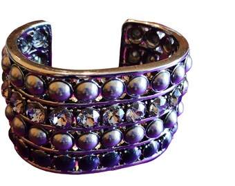 Vintage St. John Signed Heavy Grey Pearl and Rhinestone Hematite Cuff Bracelet