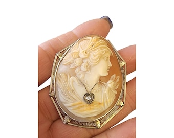 Antique 14kt Diamond Wonderfully Carved Cameo Pendant Brooch (A2932)