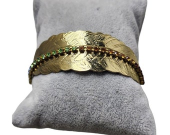 Vintage Gold Plated Metal Feather Adjustable Bracelet With Rhinestone (A3046)