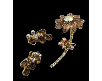 Vintage Verified Juliana Flower Rhinestone Brooch & Clip-On Earrings Set (A9288)