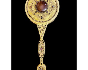 Fabulous Rare 1920s EJ&B Jeweled Gilt Hand Mirror (A4454)