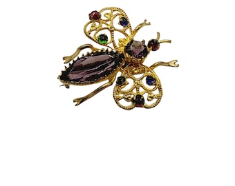 Vintage Czech Filigree Jeweled Bug Brooch (A429)