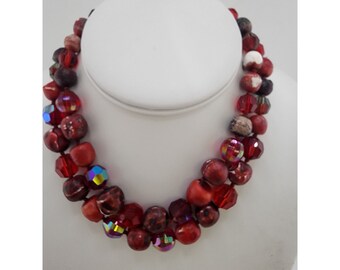 Vintage Double Strand Crystal & Clay Beaded Hand Knotted Necklace (A3443)