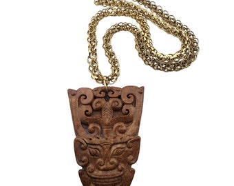 Vintage Heavy Carved Jade face Pendant Necklace (A3243)