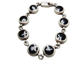 Vintage Older Signed Mexico 925 Sterling & Onyx Heavy Link Bracelet (A1349)