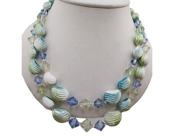 Vintage Signed Japan 2 Tone Glass Shell & Crystal Necklace (A4278)