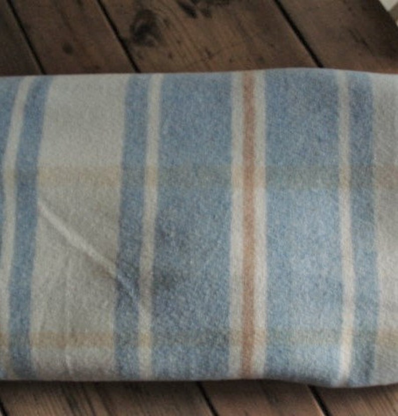 Vintage French Plaid Woollen Blanket in Light Blue Cream and Etsy