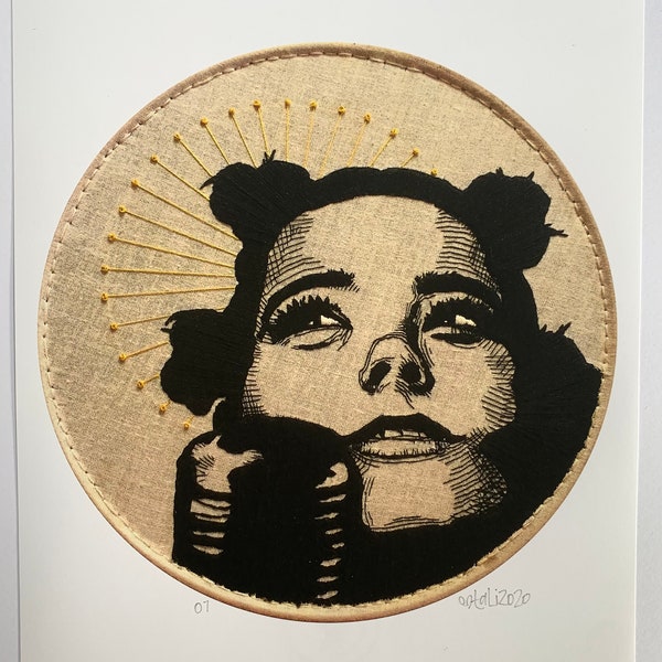 Björk Portrait Print - 8” x 10” PRINT of Hand Embroidered Portrait (hand sewn fan art perfect for displaying in home, office, bedroom, etc.)