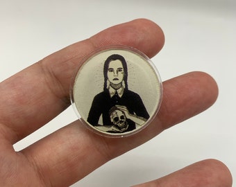 Tiny Acrylic Lapel Pin - Wednesday Addams - 1.25" diameter (Pin for lapel of jacket, shirt, backpack, purse, etc.)