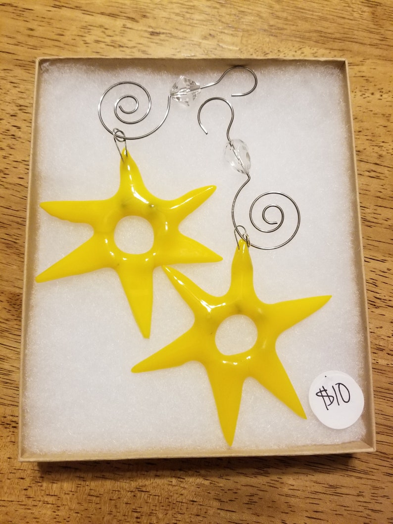 Set of 2 Yellow Stars Glass Fused Christmas Ornament