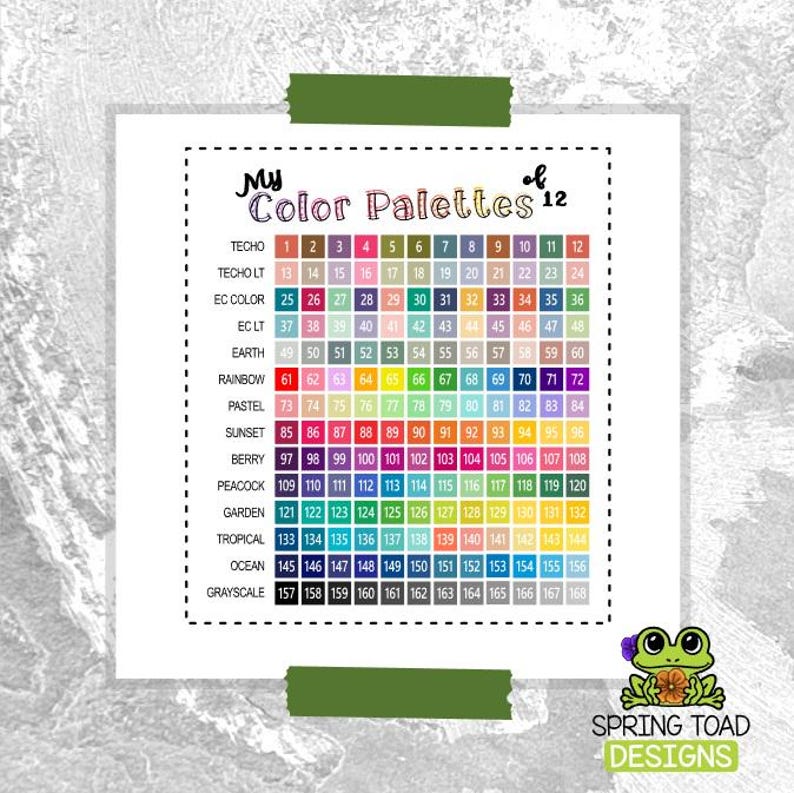 May include: A color reference chart titled My Color Palettes of 12, featuring 168 numbered squares organized into rows labeled by theme such as Techo, Earth, Rainbow, and Ocean. A green frog illustration with the text Spring Toad Designs is included.