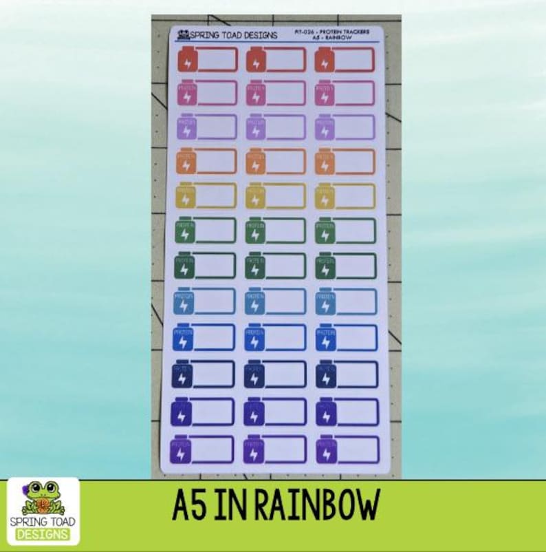 May include: A sheet of rectangular stickers featuring protein tracker icons in a rainbow color gradient. Each sticker displays a bottle graphic with a lightning bolt and the text PROTEIN. The top of the sheet reads SPRING TOAD DESIGNS.