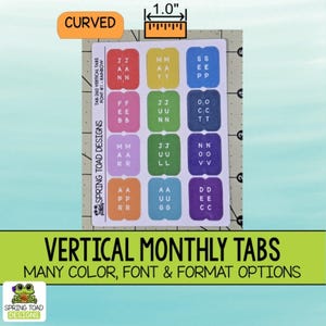 Curved Vertical 1.0" Wide Monthly Planner Tabs: Laminated Stickers