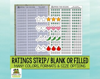 Rating Strip Stickers: Stars, Hearts, Peppers, Fire - Blank or Filled