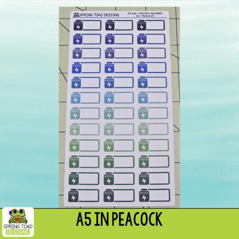 May include: A sheet of A5 stickers featuring protein tracker icons in a gradient of colors from dark purple to teal and dark gray. Each sticker displays a bottle icon with a lightning bolt and the word PROTEIN. The header reads SPRING TOAD DESIGNS.
