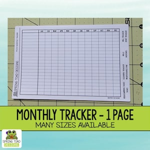 May include: A white monthly planner with a grid layout, featuring columns for each month and rows for tasks. The text "MONTHLY TRACKER - 1 PAGE" is displayed on a green banner. The Spring Toad Designs logo is visible.