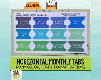 Slanted Horizontal 1.2" Wide Monthly Planner Tabs: Laminated Stickers