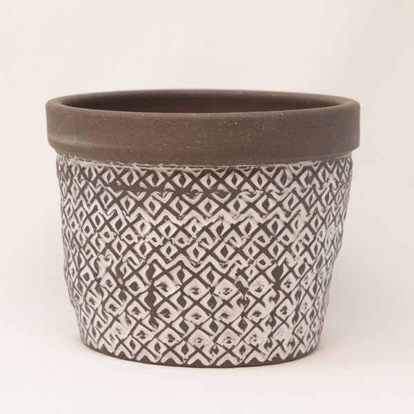 6" Geometric Ceramic Planter, Handmade Brown and White Stamped Pottery, Plant Pot with Drainage