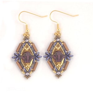 May include: A pair of gold dangle earrings with a geometric design featuring purple and brown beads. The earrings have a diamond shape with a central purple crystal.